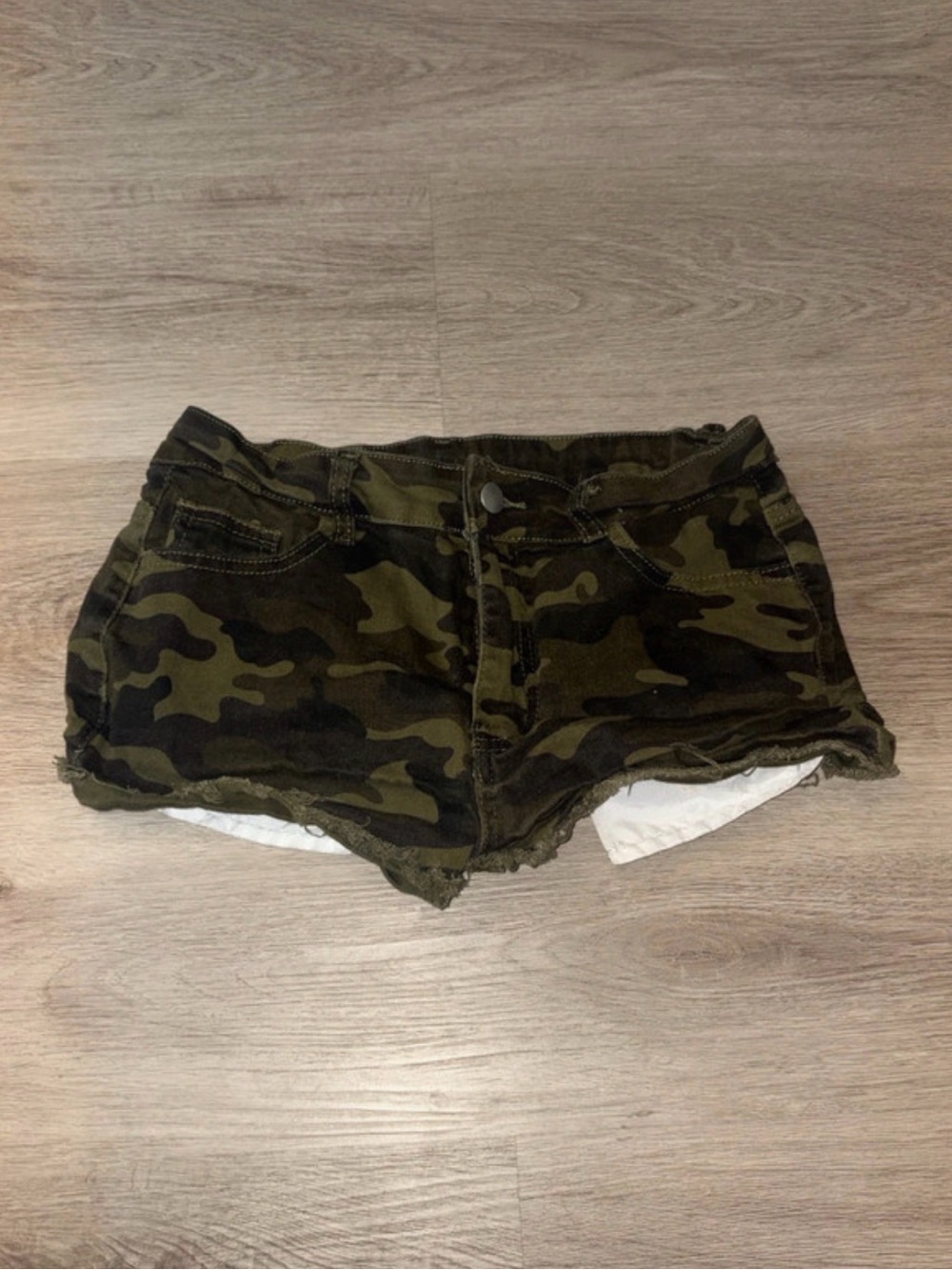 Women’s Camo Denim Cutoff Shorts - Olive Green